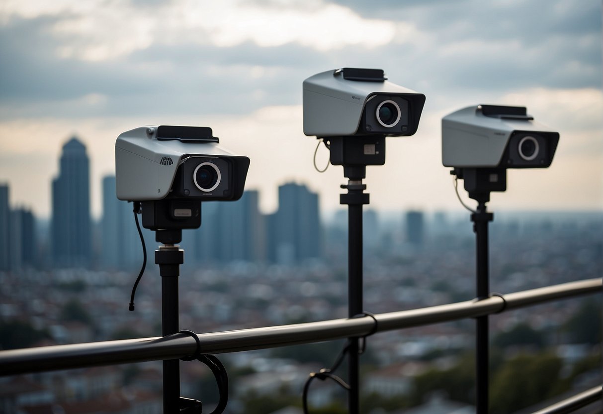 AI tracking devices loom ominously over a cityscape, casting a shadow of surveillance and posing privacy threats from AI tracking technologies.