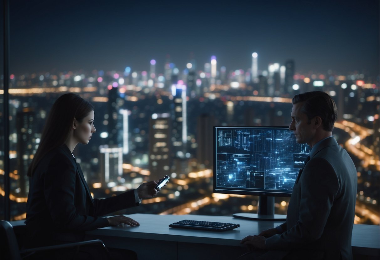 AI tracking devices scan a cityscape, capturing private data from unsuspecting citizens. The looming threat of privacy invasion hangs over the futuristic skyline